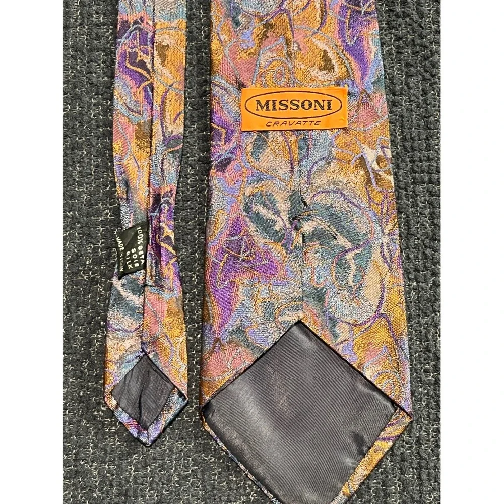 Vtg Missoni Cravatte Silk Tie Purple Orange Abstract‎ Floral Made in Italy Lux